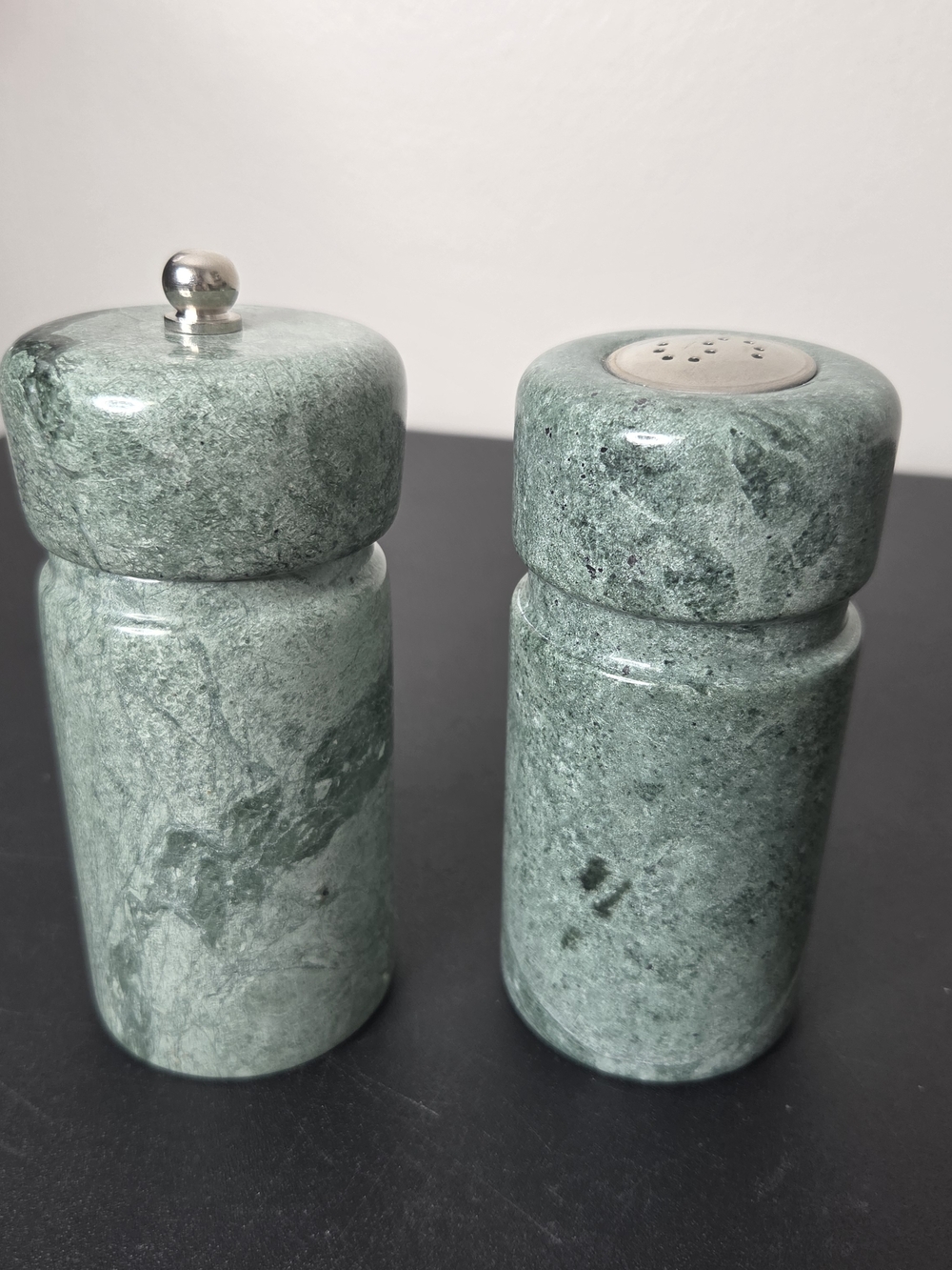 Vtg 80's Green Marble Salt Shaker & Pepper Grinder Set